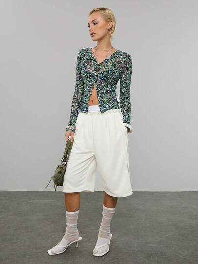 COUREZ Low Rise Longline Jersey Shorts /Y2K Spring Clothes For Women White Shorts Mid Length Shorts Loose Fit Street Streetwear Casual Going Out Clothes Vacation Outfits Holiday Outfits Summer Festival Outfits Summer Holiday