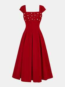 SHEIN 少女优雅串珠无袖宽肩带褶皱喇叭形红色长款连衣裙，派对礼服，女童正式礼服，中长连衣裙，方领连衣裙，红色中长连衣裙，优雅连衣裙 - 紅色 - 查看 8