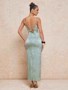 Lumalex Đầm ôm sát cơ thể bằng vải satin jacquard, kiểu dáng thắt eo, dây xoắn dành cho nữ. - Màu xanh Bạc hà - Xem 5