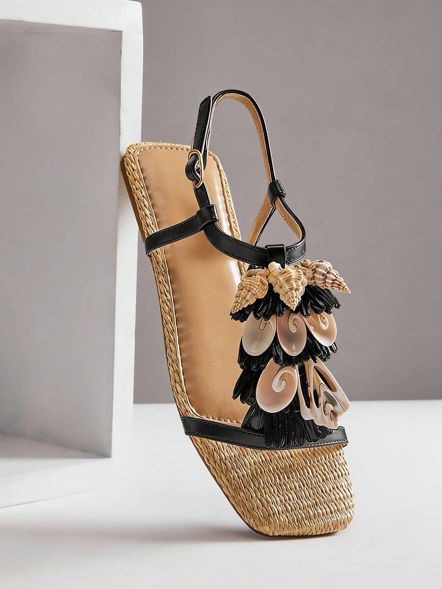 SHUZIA Women's Casual Comfortable Seashell Embellished Flat Sandals - Black - View 1