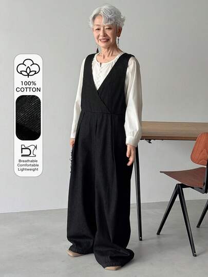 FRIFUL Women's V-Neck Pleated Casual Everyday Denim Jumpsuit