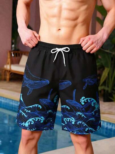 SHEIN Teen Boy Swim Trunks, Wave & Fish Print Beach Vacation Men's Swim Trunks Men's Board Shorts Whale Print Swim Shorts Drawstring Swim Shorts Black Swim Shorts Men's Swim Shorts Printed Swimwear Whale Print Swim Trunks Patterned Swim Shorts Men's Swimming Shorts Men's Beach Shorts Men's Whale Print Swim Shorts Graphic Swim Shorts Mens Swim Trunks Mens Swim Shorts