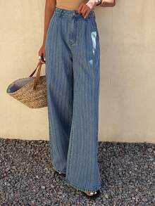 Livesso 女士休闲条纹水洗直筒牛仔裤，四季皆宜 - 中等水洗藍 - 查看 6