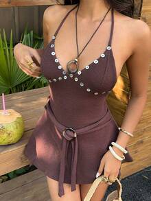 Sunnyshic Women's Romantic Spaghetti Strap Button Knit Dress, Vacation Wear - Mocha Brown - View 6