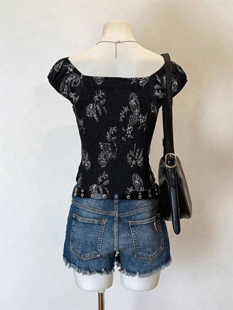 EgrlEra Áo sơ mi nữ cổ rộng, xếp ly, họa tiết hoa tối màu cổ điển - màu đen - Xem 9