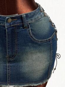 SHEIN 女士口袋系带设计时尚百搭约会外出牛仔迷你裙 - 藍色 - 查看 6