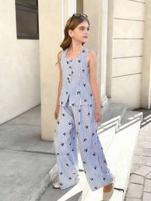 SHEIN Tween Girls Vacation Casual Woven Blue Bow Print Striped Vest Top & Wide Leg Pants Set,Bule Striped Vest Two Pieces Set - Blue and White - View 5