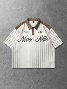 ROMWE MEN 男士字母条纹短袖休闲Polo衫 - 杏色 - 查看 1