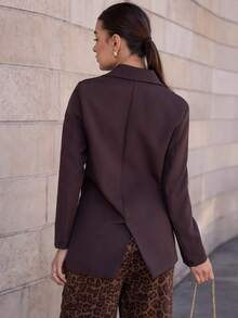 Andrea Bello Women's Business Style Solid Color Double-Breasted Blazer Jacket For Commuting, Autumn  - Coffee Brown - View 2