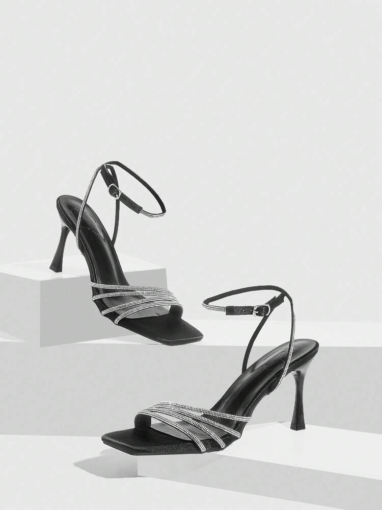 CUCCOO SZL Women Shoes Summer New Multiple Rhinestone Straps Design Square Toe Thin Heel High Heel Sexy Elegant Elegant Fashion Women's High Heel Sandals Foot Ring Rhinestone With Open Toe Heel Shoes Dress Shoes Sexy Dating Afternoon Tea Party Dinner Wedding Party Wear Spring Shoes