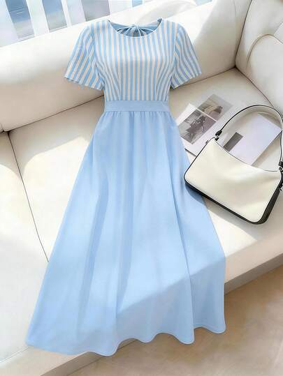 Franclia Elegante vestido maxi con cuello redondo y cintura anudada a rayas, adecuado para primavera, verano, otoño, invierno, vacaciones, citas, fiestas. Vestido casual elegante para mujeres, ideal para Navidad, Acción de Gracias, Año Nuevo. Elegante y casual, atuendo versátil para uso diario, trabajo de oficina. Vestido de mujer a rayas, vestido azul midi