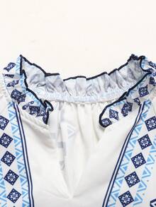 SHEIN 少女蓝白几何图案连衣裙，V领，中袖，宽松版型，适合海滩度假穿着 - 藍白色 - 查看 5