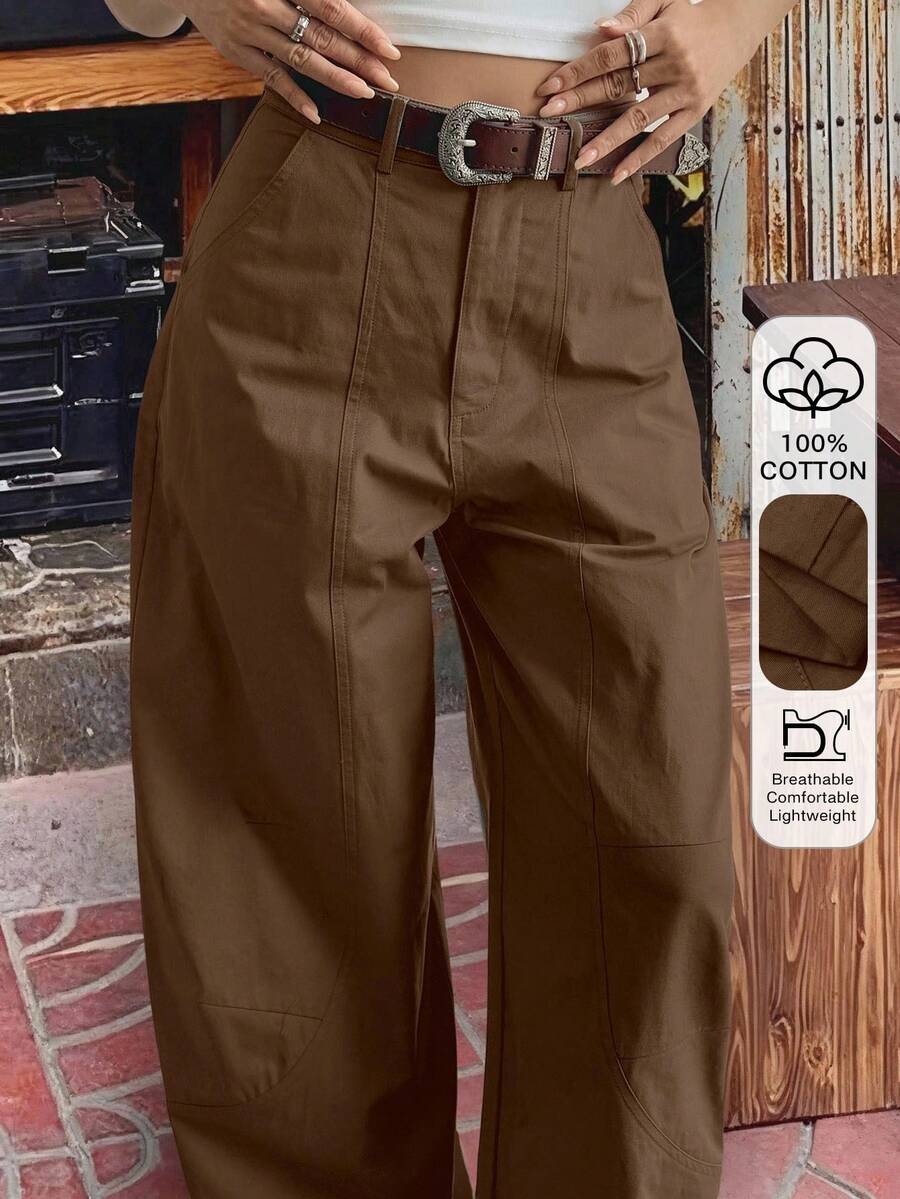 Livesso Quần nữ cạp cao màu nâu bằng cotton, kiểu dáng thường ngày. - Cà phê nâu - Xem 1