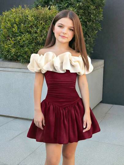 Firerie Kids Firerie Kids Tween Girl Elegant Off Shoulder Color Block Lantern Hem Ruched Fitted Party Dress, Exaggerated Floral Trim Party Formal Dress, Black