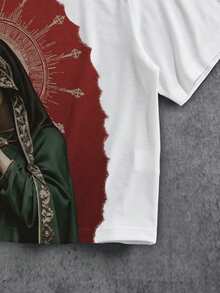 Manfinity ZONE917 Box-Cut Loose Distressed Dark Red Virgin Mary Prayer Light Print Cropped Short Sleeve T-Shirt - White - View 4