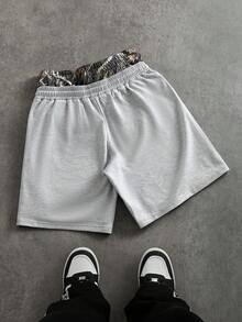 PAVTROS Men's Letter Print Drawstring Waist Pocket Casual Shorts - Grey - View 2