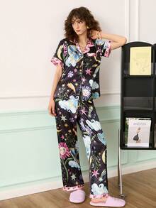 Young Energetic Interesting Floral, Face, Heart, Eye, Moon, Star, Cloud Handpainted Pattern Lapel Cardigan Women Pajama Set - Multicolor - View 5