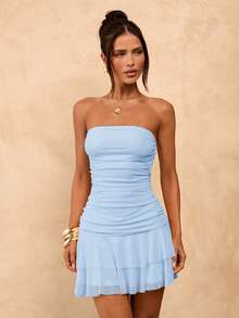 SHEIN BAE Đầm ngắn màu vàng kem trơn, dáng ôm, xếp ly, viền bèo nhún, đầm hè dễ thương, đầm dự tiệc brunch, đầm màu vàng. - Màu xanh nhạt - Xem 3