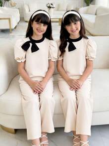 SHEIN Tween Girl Elegant Stand Collar Petal Sleeve Colorblock Shirt And Pants Set Tween Girl - Apricot - View 5