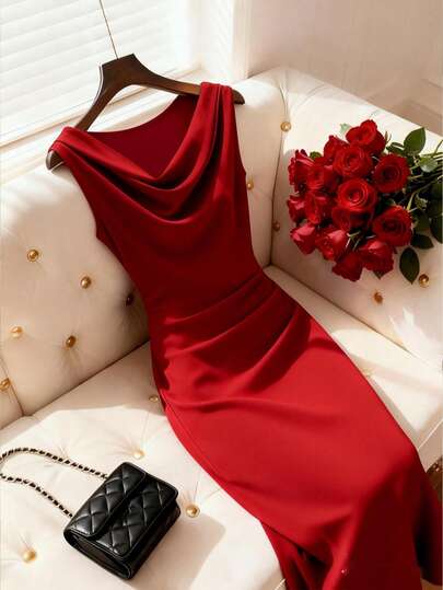 SHEIN Franclia Women's Solid Color Ruched Neck Slit Hem Sleeveless Elegant Dress