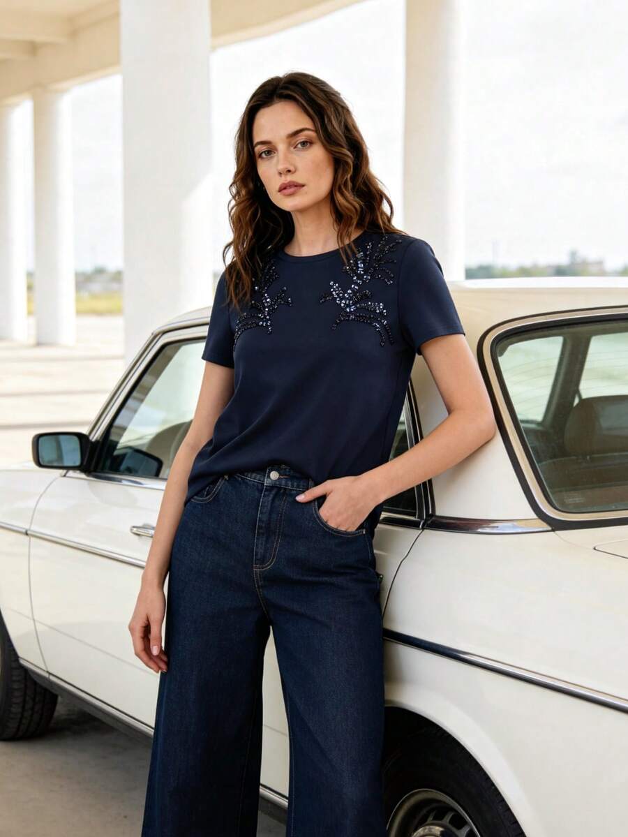 Anewsta Áo thun ngắn tay nữ thanh lịch, thêu sequin, cổ tròn, kiểu dáng ôm sát, thích hợp mặc đi làm. - Màu xanh hải quân - Xem 1