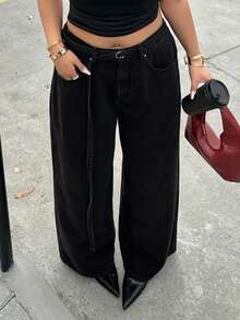 Dazy Plus Pantalones vaqueros anchos y sueltos con lavado vintage y decoración de cinturón, pantalones vaqueros largos de talla grande para mujeres - Negro - Ver 5
