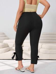 Solflare Plus Size Women's Solid Color Bow Decor Capri Pants, Spring/Summer - Black - View 2