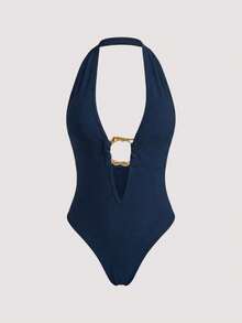 Olithes Women's Black Deep V Metal Ring Trim Strapless Bodysuit, Sexy Casual Minimalist Style Bodysuit - Navy Blue - View 1