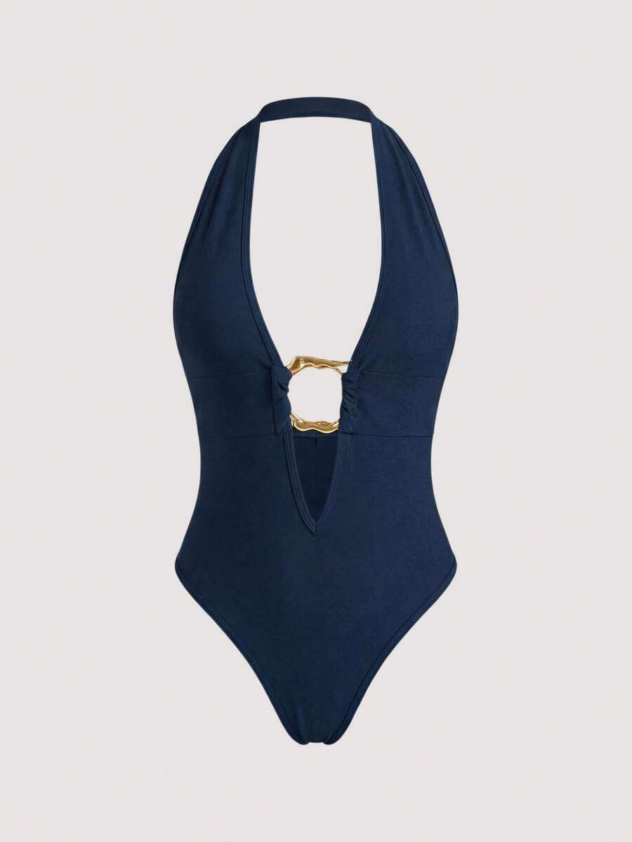 Olithes Women's Black Deep V Metal Ring Trim Strapless Bodysuit, Sexy Casual Minimalist Style Bodysuit - Navy Blue - View 1