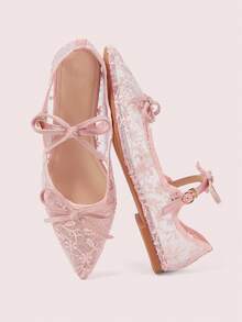 CUCCOO DOLLMOD 女士浅粉色网纱花朵刺绣时尚双蝴蝶结可爱优雅玛丽珍平底鞋 - 淺粉色 - 查看 2