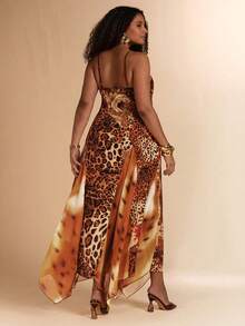 SHEIN BAE 大码女式不对称豹纹拼接吊带连衣裙 - 彩色 - 查看 9