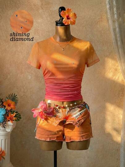 Solea Vida Camiseta de mujer de manga corta con cuello redondo y estampado floral, pantalones cortos de verano con colores de atardecer de estilo vacaciones de verano, pantalones cortos de verano con estampado de amanecer de tequila y noches de La Habana