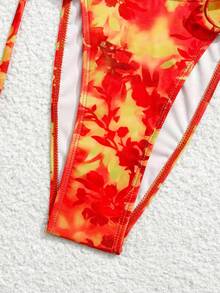 Swim SXY 夏季新款多色印花层叠荷叶边裹身裙，高开衩侧系腰带沙滩裙，浪漫度假三件套女士沙滩装 - 彩色 - 查看 6