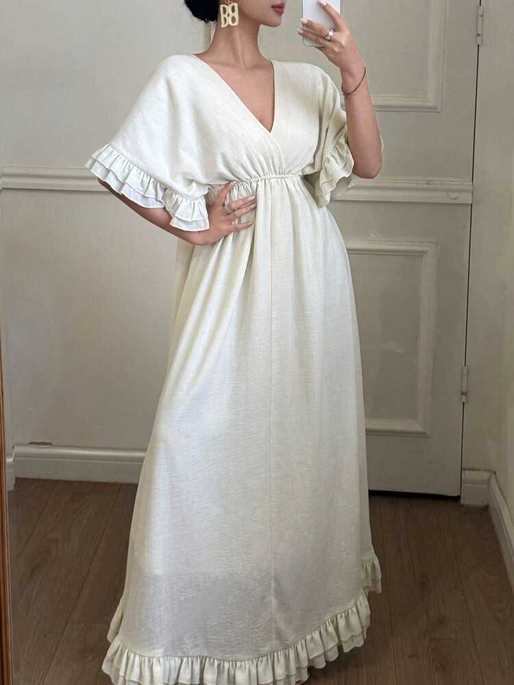 White Solid Color Minimalist Dress, Suitable For Office, Valentine's Day, Wedding, Party, Elegant Commute, Ruffle Hem, Bell Sleeve, Fit & Flare Midi Dress For Women, Spring/Summer Sundress Boho