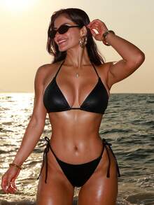 Swim SXY 2件套性感黑色动物纹细肩带露背三角比基尼泳衣，适合春夏海滩穿着 - 黑色 - 查看 6