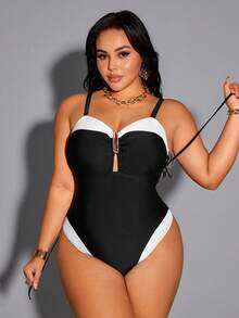 Shapewave Nuevo traje de baño de una pieza elegante y estilizador con ajuste en la espalda, de color block y talla grande para el verano - Blanco y Negro - Ver 6
