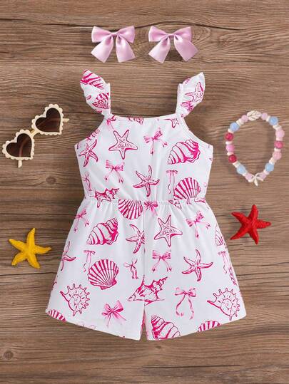 Travachic KIDS Babygirl Casual Knit Elastic Cute Cartoon Pattern Camisole Romper, Suitable For Summer