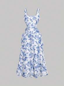 SHEIN MOD 蓝白碎花多层荷叶边方领连衣裙 – 适合约会、派对、女士春夏装、春假、度假、野餐、节日、生日等场合 - 藍白色 - 查看 2