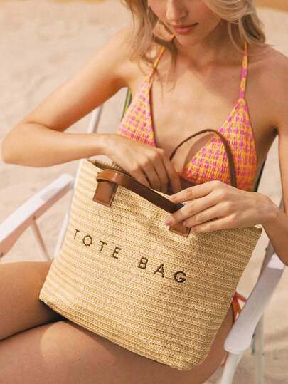 Swim Mod 大容量休闲度假草编手提包，简约优雅女士单肩手提包