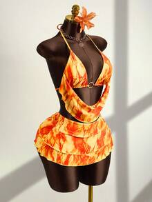 Zestiva 3pcs Women's Swimwear Set, Tie-Dye Print, Front Metal Ring Halter Top, Matching Ruffle Skirt, Summer - Orange - View 3