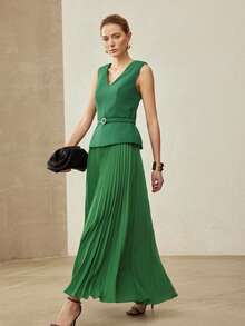 PREMIUM 无袖系带褶裥连衣裙，优雅通勤之选，春夏款 - 綠色 - 查看 5