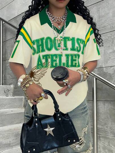 Rovax 女士字母印花落肩宽松休闲T恤