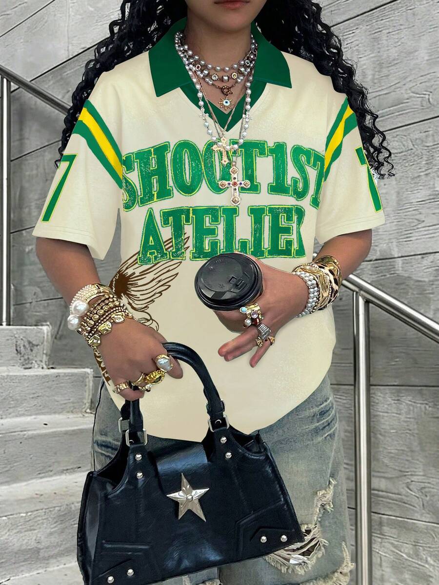 Rovax 女士字母印花落肩宽松休闲T恤 - 彩色 - 查看 1