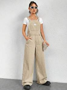 SHEIN EZwear 女士夏季休闲口袋牛仔背带裤 - 卡其色 - 查看 3