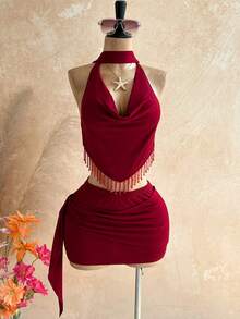 Soleia 春夏新款休闲度假西部海滩婚礼宾客礼服毕业早午餐女士套装，圣帕特里克节春假复活节音乐节优雅波西米亚热带风情露背蝴蝶结系带情人节婚礼季串珠流苏亮片两件套飘逸性感深V领酒红色针织女士套装 - 酒紅色 - 查看 5