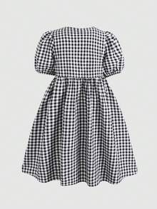 SHEIN 少女宽松休闲简约舒适圆领花瓣袖连衣裙 - 藏蓝色 - 查看 2