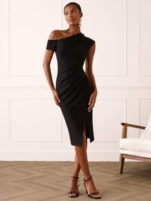Lilora Elegant Black Summer Bodycon Midi Dress For Women,Asymmetrical One Shoulder Ruched Luxury Chic Dining Dinner Date Dresses,High Quality Zanea Dress - Black - View 2