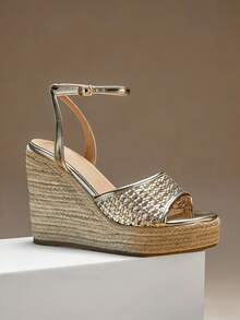 SHUZIA 女士优雅踝带坡跟草编凉鞋 - 金色 - 查看 6