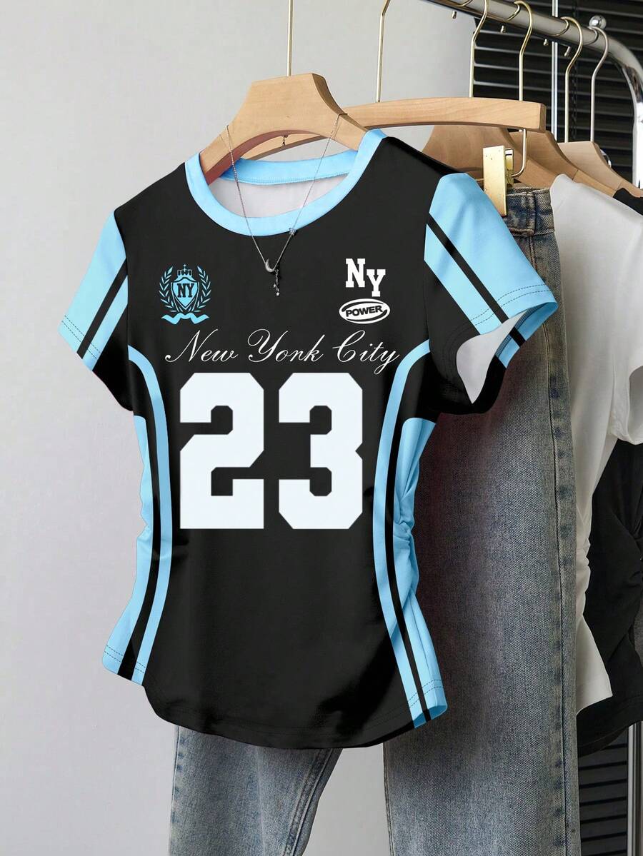 SHEIN 女士户外休闲运动上衣，撞色设计，蓝色、黑色，夏季新品，户外休闲，图案设计，多色，数字和字母印花，街头摄影风格，时尚女性必备，时尚设计，高可见度 - 彩色 - 查看 1