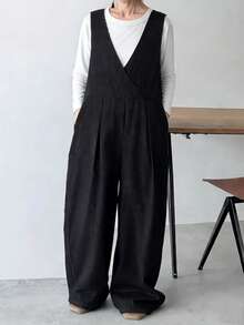 FRIFUL 女士V领褶皱休闲日常牛仔连体裤 - 黑色 - 查看 8